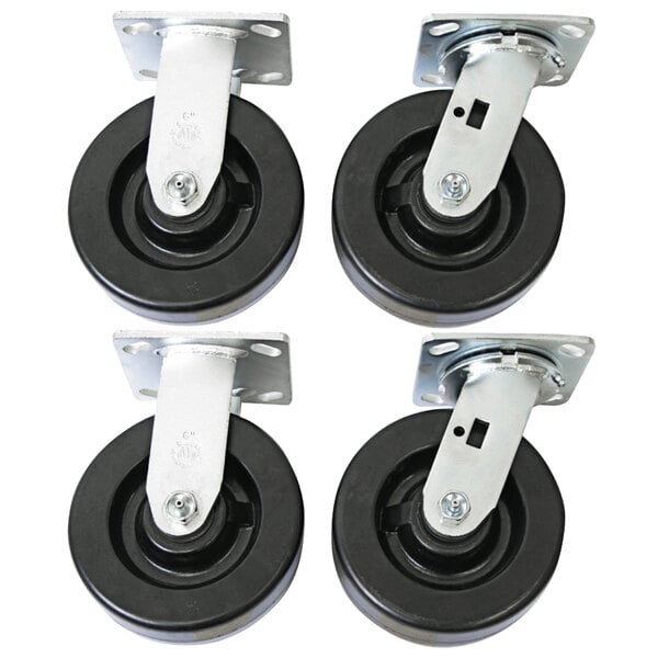 A set of Wesco phenolic casters with black rubber wheels.