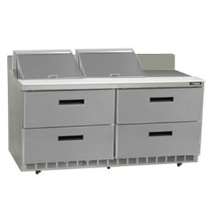 A white Delfield refrigerated sandwich prep table with two drawers.