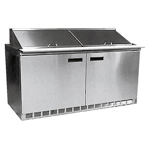 A stainless steel Delfield refrigerated sandwich prep table with two doors.