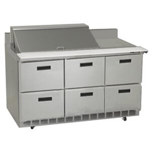 A Delfield stainless steel sandwich prep table with six drawers.