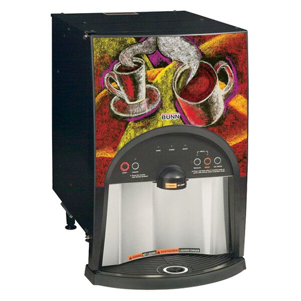 A Bunn low profile liquid coffee dispenser with a drawing of cups on it.