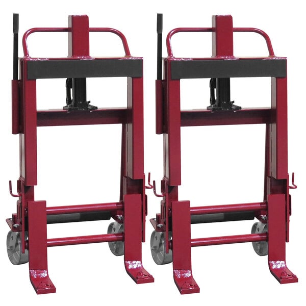 A red and black Wesco Rais-N-Rol machinery mover with steel casters.