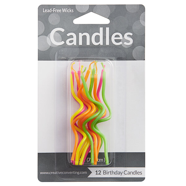 A package of Creative Converting Crazy Curl assorted bright color candles.