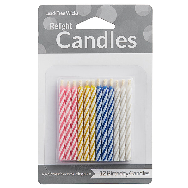 A pack of 12 striped birthday candles in assorted colors.