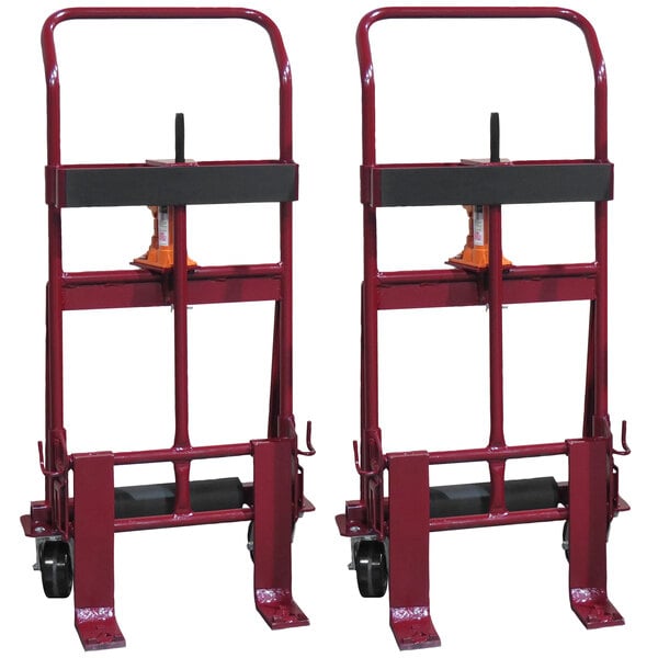 Two red Wesco Industrial Products machinery movers with wheels and handles.