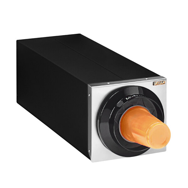 A black box with an orange plastic tube.
