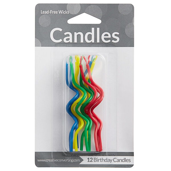 A pack of Creative Converting Crazy Curl assorted primary color candles.