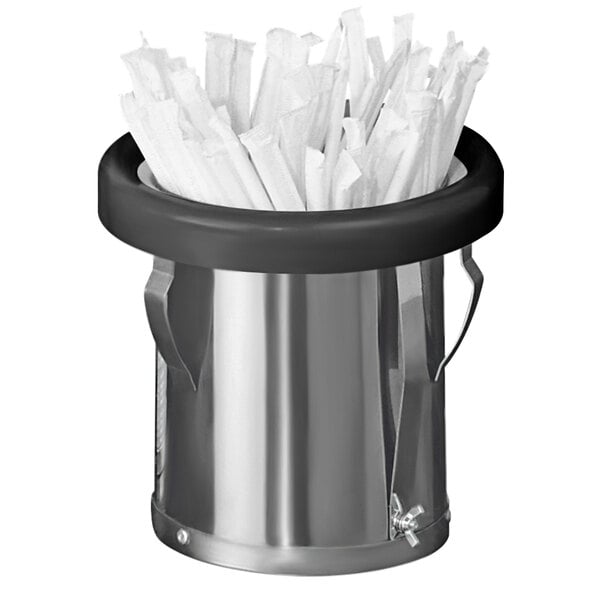 A silver stainless steel in-counter straw holder with white straws inside.