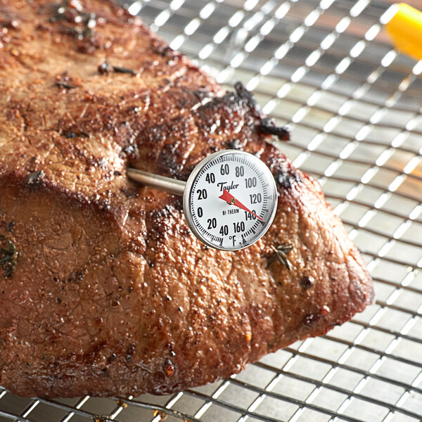A Taylor instant read pocket probe thermometer inserted into a piece of meat.