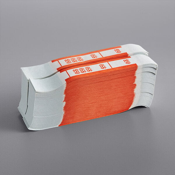 A stack of red and white paper strips with a red stripe.