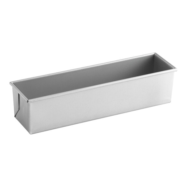 A rectangular glazed aluminized steel Pullman bread loaf pan measuring 16 inches by 4 inches by 4 inches.