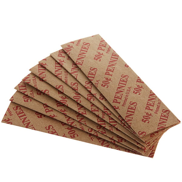 A stack of brown paper Pop-Open Flat Tubular Coin Wrappers with red writing.