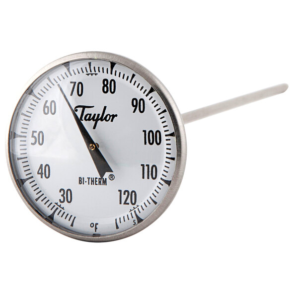 A Taylor probe thermometer with a white background and a metal handle.