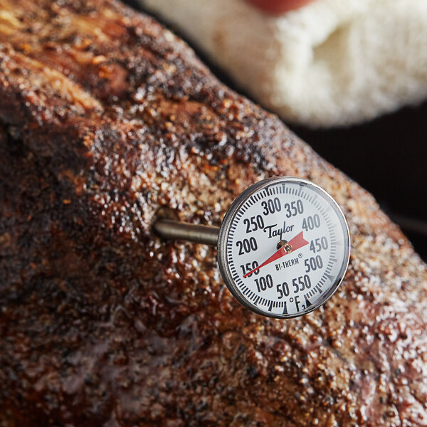 A Taylor pocket probe dial thermometer taking the temperature of a piece of meat.