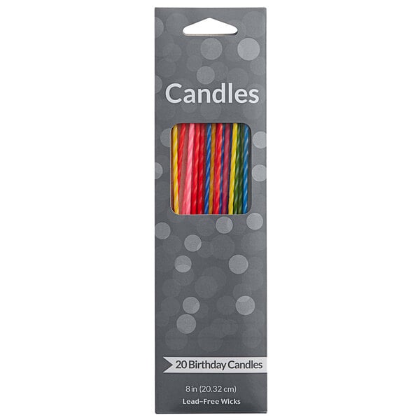 A box of Creative Converting Two-Tone Party Candles in assorted colors with colorful stripes.