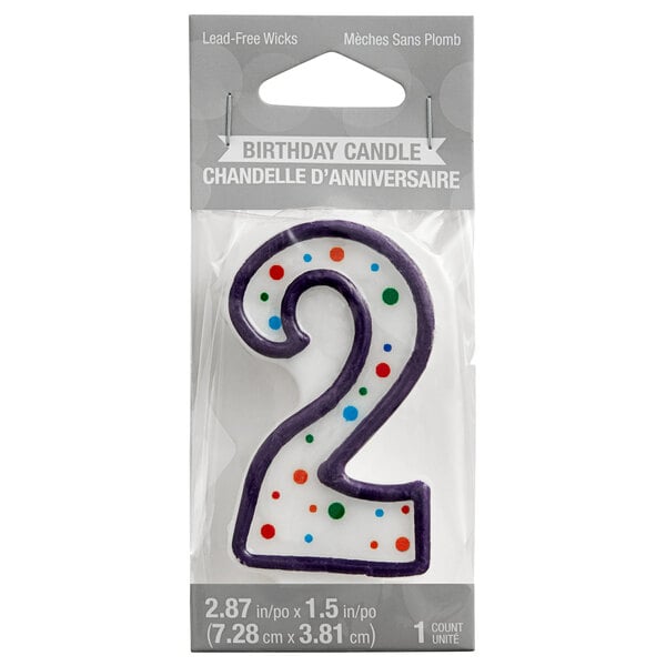 A grey Creative Converting package containing a white birthday candle with a number 2 and colorful polka dots.