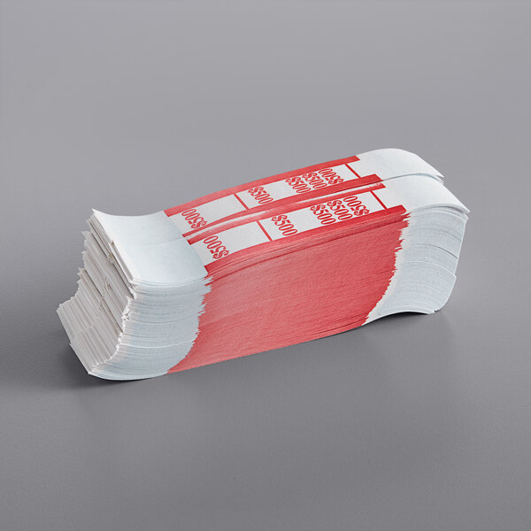 A stack of red and white paper currency straps.