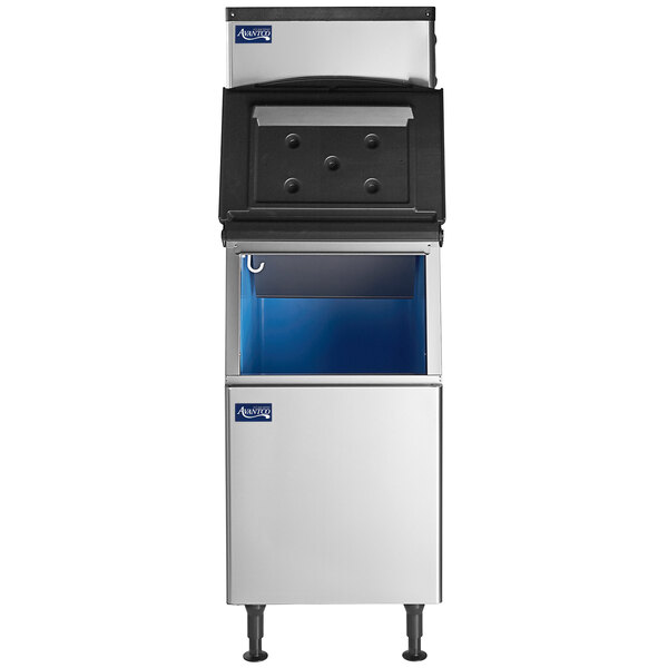 An Avantco stainless steel air cooled modular ice machine with a black and blue lid.