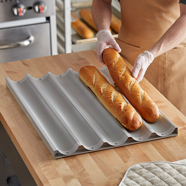 Baker's Mark 5 Loaf Glazed Aluminum Baguette / French Bread Pan - 26 x 3  x 1 Compartments
