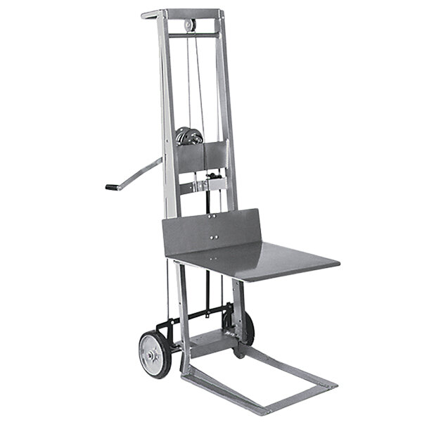 A silver Wesco Industrial Products lift with a metal tray on top.
