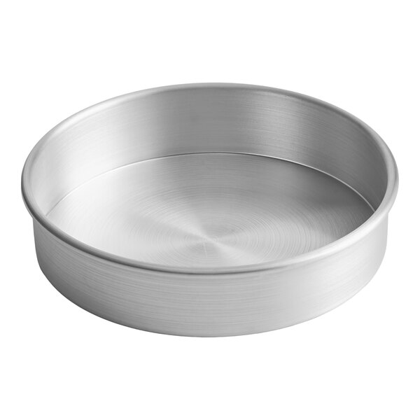 An 8-inch by 2-inch round aluminum cheesecake pan with a removable bottom.