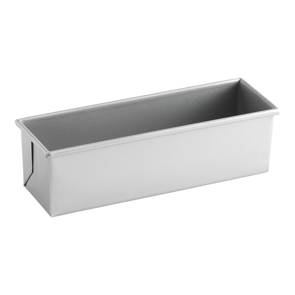 A rectangular glazed aluminized steel Pullman bread loaf pan measuring 13 inches by 4 inches by 4 inches.