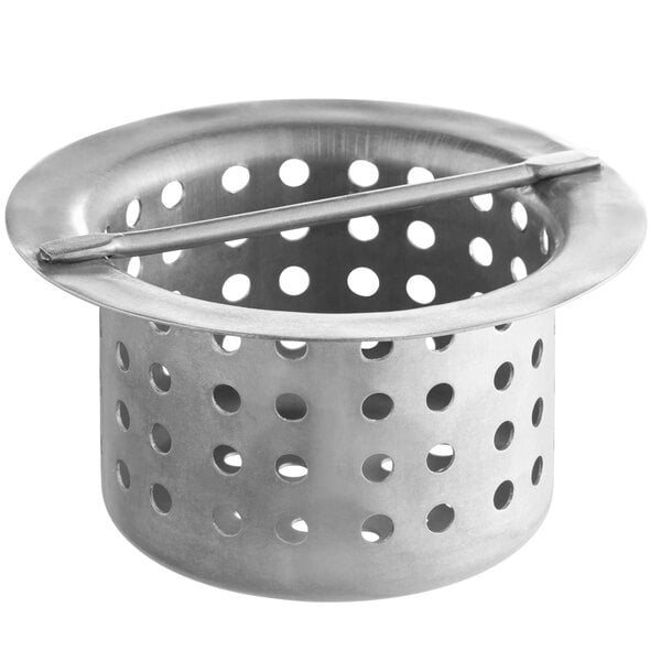 A stainless steel Floor Trough and Drain strainer basket with holes.