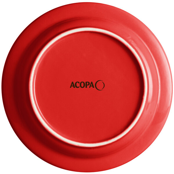A passion fruit red stoneware plate with the word "Acopa" in black.