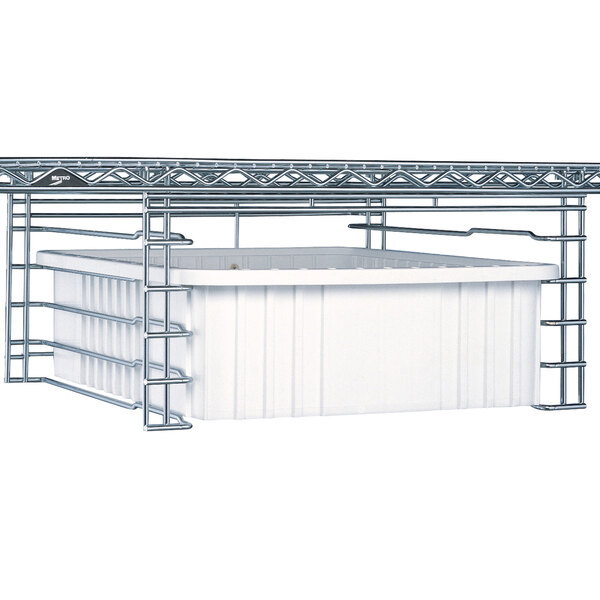 A Metro Super Erecta slide system with a white tub in a metal frame.
