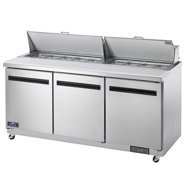 An Arctic Air stainless steel 72" Mega Top Sandwich / Salad Prep Table with two doors.