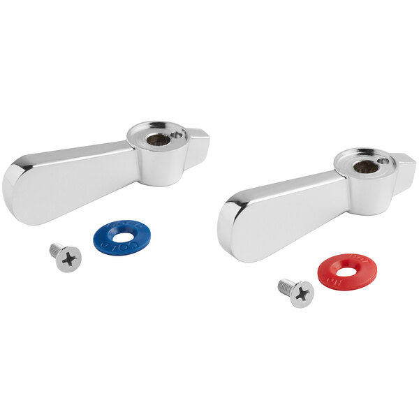 A pair of chrome and red metal handles with screws.