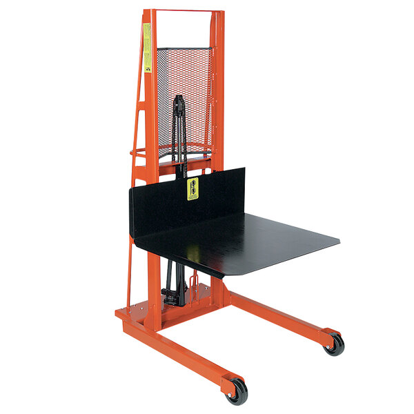 A black and orange hydraulic lift truck with a yellow platform.