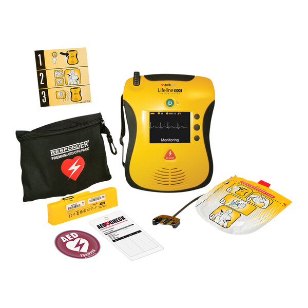 A black Defibtech bag with a red heart and a lightning bolt on it.