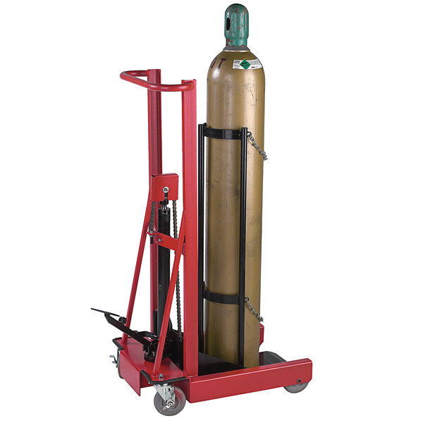 A Wesco Industrial Products hydraulic cylinder cart with wheels and a platform holding a metal cylinder.