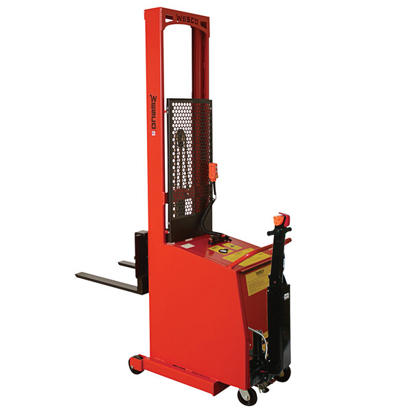A red and black Wesco Industrial Products powered stacker.
