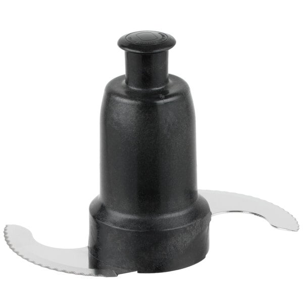 A black food processor blade with a metal ring.