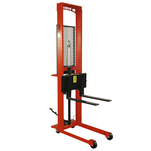 A red and black Wesco Industrial Products fork stacker with a black handle.