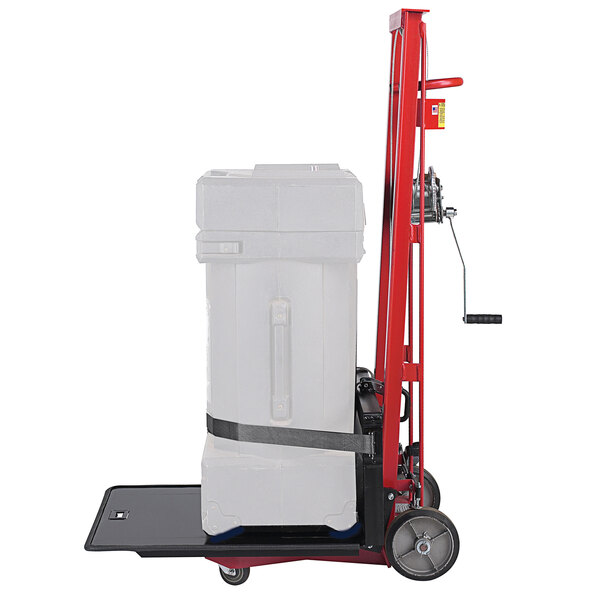 A red Wesco Industrial Products steel lift with a white platform.