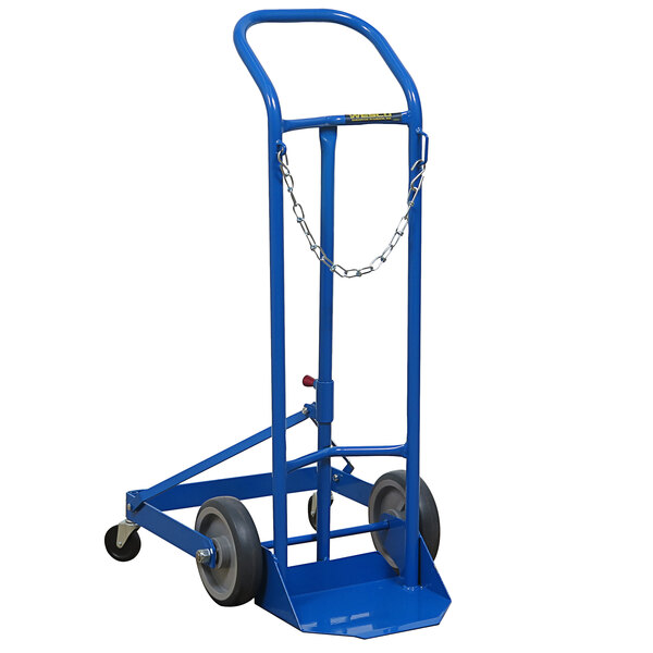 A blue Wesco hand truck with rubber wheels and casters.