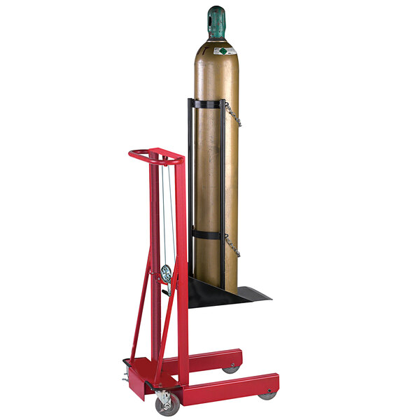 A Wesco Industrial Products 4 wheel cart with a metal cylinder on it.