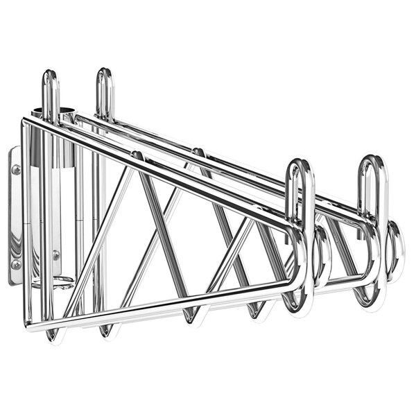 A Metro chrome steel wire wall mount shelf with two metal brackets.