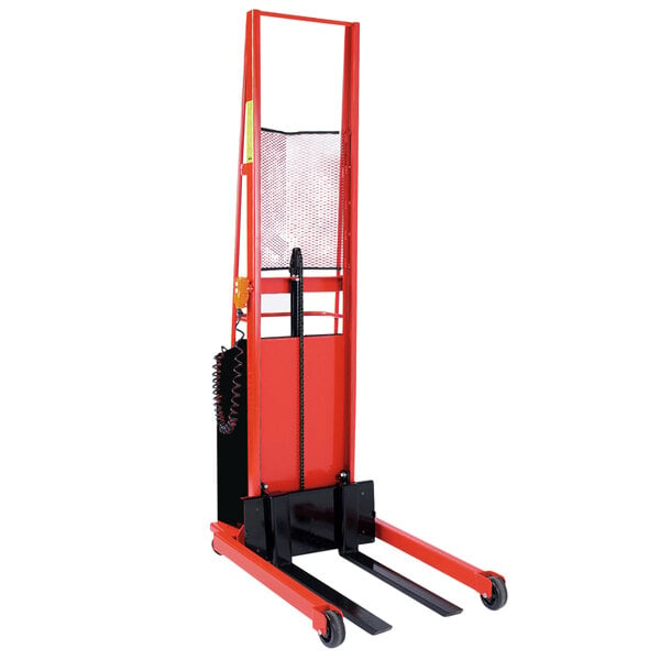 A red and black forklift with metal forks and a black handle.