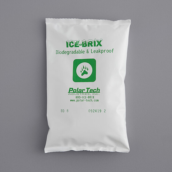 A white bag with green text that reads "Polar Tech Ice Brix Biodegradable Cold Pack" containing ice brix.