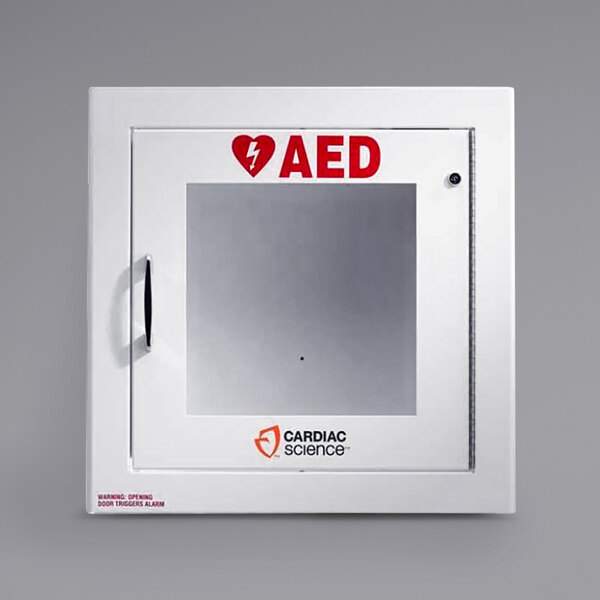 A white Cardiac Science AED cabinet with a glass door.
