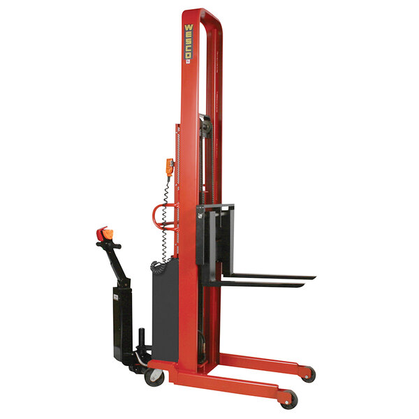 A red and black Wesco Industrial Products Power Lift Fork Stacker.