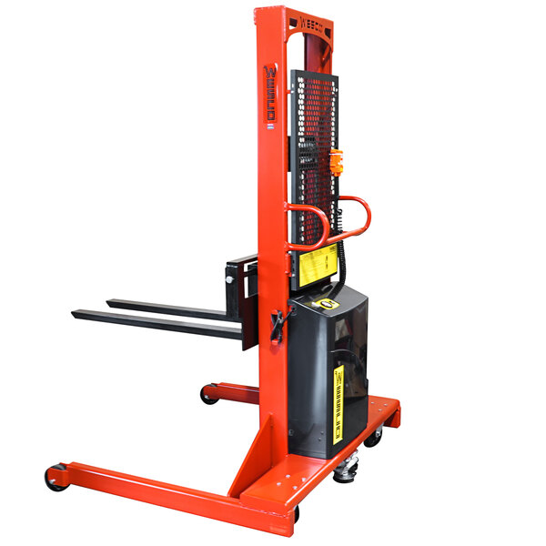 A red and black Wesco Industrial Products hydraulic lift with forks and a handle.