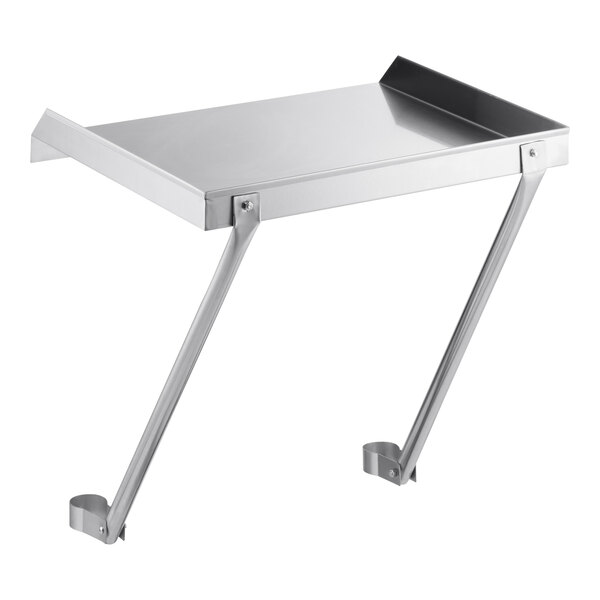 A metal drainboard with a flat surface, raised edges, and two angled support arms for wall mounting.