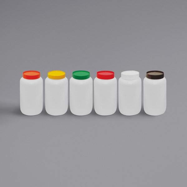 A row of Tablecraft PourMaster white containers with assorted color lids.