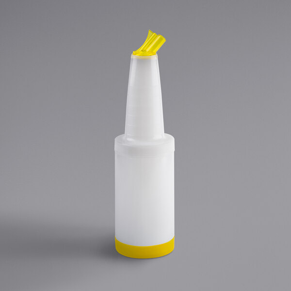 A white and yellow Tablecraft PourMaster bottle with a yellow cap and straw.