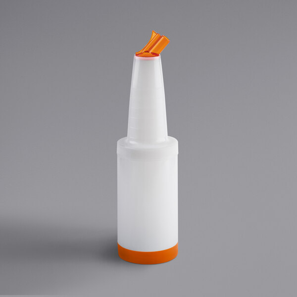 A white Tablecraft PourMaster plastic bottle with an orange cap.